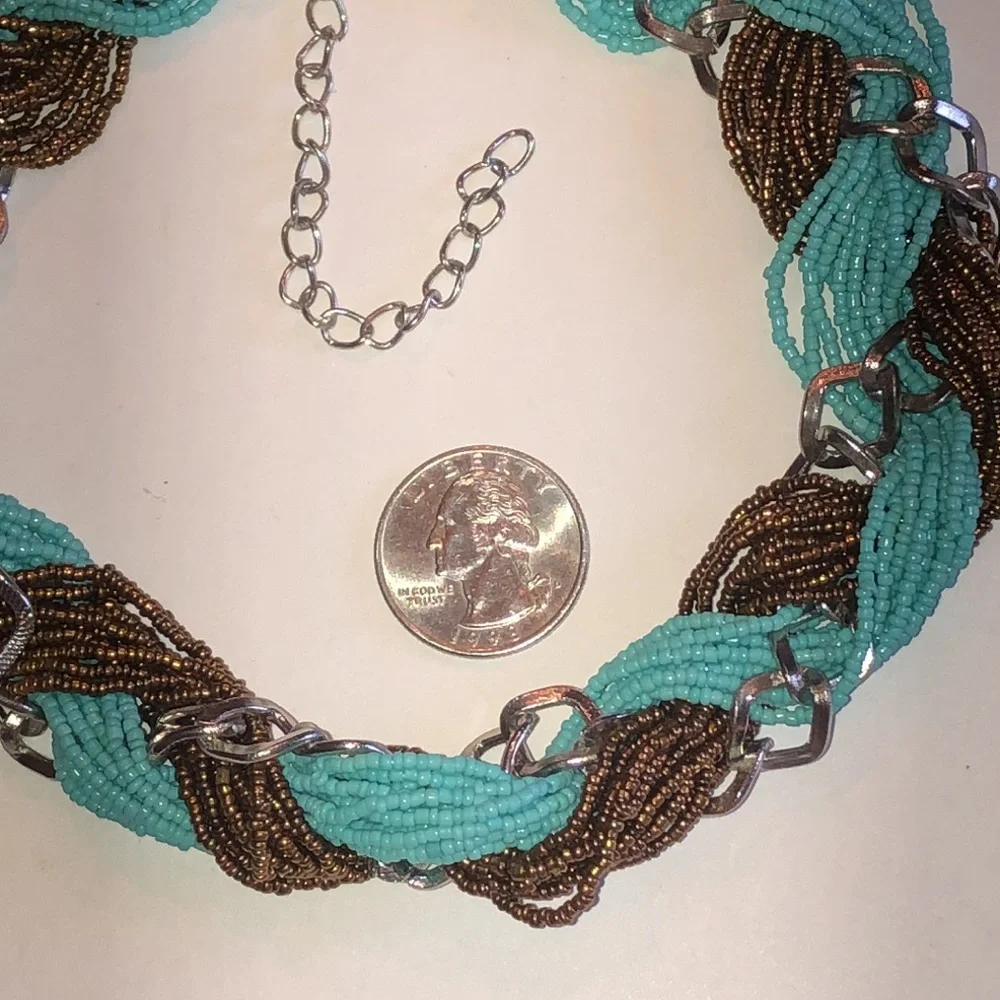 Elegant Silver Tone Turquoise and Brown Seed Bead Beaded Boho Statement Necklace